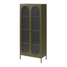 a tall green cabinet with two doors on the front and one door open to reveal something