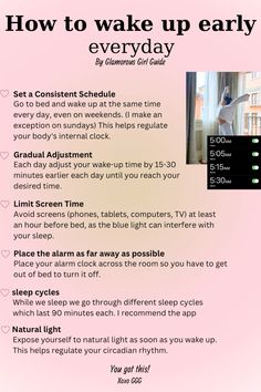 I used to sleep until 12pm on the weekends. Now I easily wake up at 7am!☀️🍵 I spell all the tea on how I did it in this checklist!🤭🤞 So save it and follow for more checklists like this! Xoxo💋 | how to wake up early how to wake up early in the morning how to wake up early in the morning tips how to wake up early without an alarm how to wake up early not tired how to wake up early to study how to wake up early checklist how to wake up early for school waking up early aesthetic waking up early aesthetic 5am alarm waking up early motivation morning routine, morning aesthetic morning routine productive school morning routine checklist, morning routine ideas, early morning routine self motivation get my life together how to become that girl self developement that girl routine How To Look Good When You Wake Up, How To Start Waking Up Early, How To Wake Up Easier, Waking Up Early Tips, Getting Up Early Motivation, What To Do When You Wake Up, How To Wake Up Early In The Morning Tips, How To Go To Bed Earlier, How To Get Up Early
