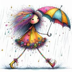 a painting of a girl holding an umbrella in the rain with flowers on her skirt