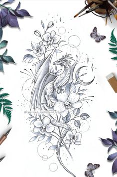 dragon wings moon orchid flowers leaves tattoo design floral feminine Dragon Tattoo Ideas For Women, Dragon Tattoo With Flowers, Cute Dragon Tattoo, Dragon Thigh Tattoo, Moon Tattoo Design, Girly Tattoo, Dragon Tattoo Drawing, Dragon Tattoo Ideas, Bookish Tattoos