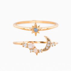 Do you hear that? The moon is calling! Our Celestia Ring Set includes an ornate moon and star ring that come together to create a dazzling set. 18k gold plated, 18k rose gold plated, or rhodium plated over brass with a protective coating Cubic zirconia stones Available in sizes 6-8 8mm width stacked together Includes 2 Celestial Ring, Moon And Star Ring, Fashion Star, Moon Ring, Necklace Chain Lengths, Gold Ring Sets, Moon And Star, Star Moon, Copper Rings