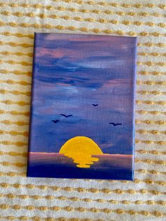 an acrylic painting of a sunset with birds flying in the sky above it