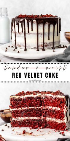 2 stacked images of red velvet cake: top image of decorated cake on cake stand and bottom image of sliced cake on cake stand Red Velvet Cake Chocolate Chips, Red Velvet With Chocolate Chips, Red Velvet Layered Cake, Red Velvet Coffee Cake, Red Velvet Chocolate Chip Cake, Red Velvet Cake With Chocolate Chips, Red Velvet Cake Filling Ideas, Red Velvet Cake Birthday, Moist Red Velvet Cake Recipe