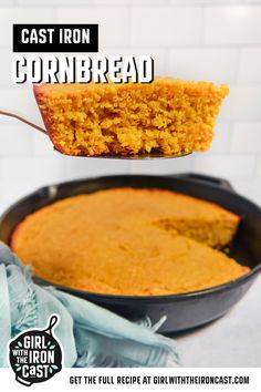 a piece of cornbread being lifted from a cast iron skillet with text overlay