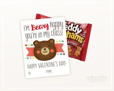 two valentine's day cards, one with a bear and the other with a candy bar