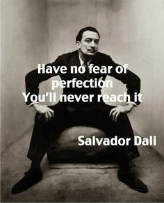 a man sitting on top of a chair next to a red and white background with a quote from salvador dalii