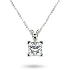 "Shine bright forever with this classic solitaire necklace featuring a dazzling princess cut lab-grown diamond. As you move it catches the light and bursts with brilliance. The chain adjusts from 16-inches to 18 inches so you can wear it every day. Its simple elegance makes you the star. [split] Metal:  Adjustable 16\"-18\" 14K White Gold Chain Pendant Metal Weight Just Over 0.9g Lab-Grown Diamonds: Color -- J or Higher Clarity -- SI1 or Higher At Brilliant Carbon, Every Lab-Grown Diamond Above 0.50ct Is IGI Certified" Princess Pendant, Diamond Necklace Simple, Cross Necklace Sideways, Princess Necklace, Solitaire Necklace, Gold Chain With Pendant, Diamond Solitaire Necklace, Solitaire Necklaces, Move It