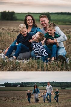 a family is sitting in the middle of a field and posing for pictures with their children