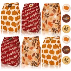 six different bags with pumpkins and leaves on them, all in various designs from the front to the back