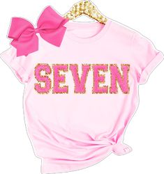 8th Birthday Shirt Girl, Girls 7th Birthday Shirt, Pink Number Print T-shirt For Birthday, 7th Birthday Shirt, Pink Birthday T-shirt With Name Print, Girls Sweatshirts, Letter Patches, Birthday Sweatshirt, Tshirt Custom