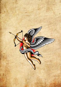 an angel with a bow and arrow in its hand is flying through the air on parchment paper