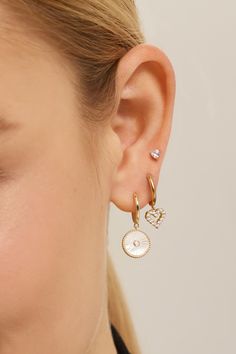 Material: Recycled 925 Silver Earrings (Sterling Silver) 14K Gold Plated + E-coating or 14k Gold Vermeil Hoop inner diameter 8.5mm, thickness 1.7mm, opening 5mm Heart drop measurements: 7.4mm*6.8mm*2mm