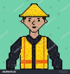 an old pixel art man wearing a yellow safety vest