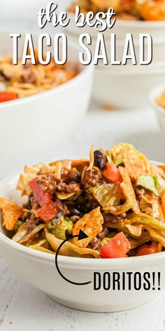 the best taco salad is served in a white bowl