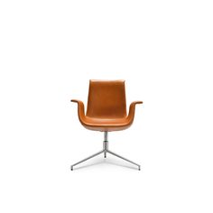 an orange leather chair with chrome legs and footrests on a white background, viewed from the front