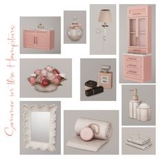 a collage of pink and white bathroom items including soap, toiletries, mirror, tissue dispenser