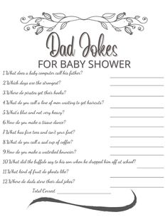 a baby shower game with the words dad jokes for baby shower written in black and white