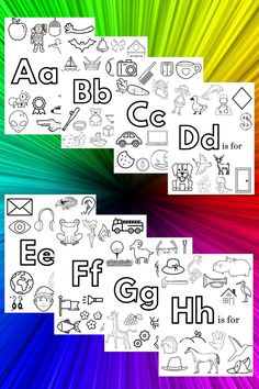 four different types of letters and numbers on a rainbow background with the same color scheme