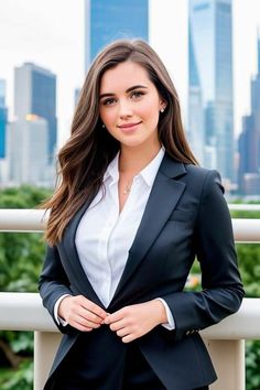 a woman in a business suit posing for a photo with the city skyline behind her