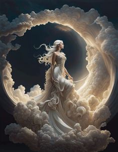 a woman sitting on top of a cloud covered moon with her hair blowing in the wind