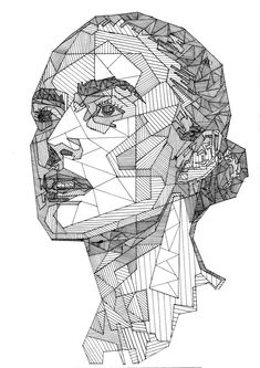 a black and white drawing of a person's head with geometric lines on it