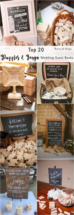 wedding guest books are on display with chalkboards and wooden blocks in the shape of hearts