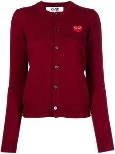 Red wool heart motif cardigan from COMME DES GARÇONS PLAY featuring ribbed-knit edge, front button fastening and long sleeves. | Comme des Garçons PLAY Heart Motif Cardigan Comme Des Garcons Heart, Play Heart, Cosy Jumper, Knit Edge, Heart Motif, Fitted Cardigan, Red Fits, Versace Outfit, Comme Des Garcons Play