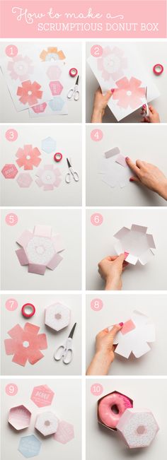 the instructions for how to make an origami donut box with paper and scissors