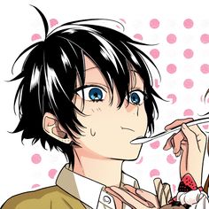 an anime character eating food while holding a knife and fork in his mouth, with polka dots on the wall behind him