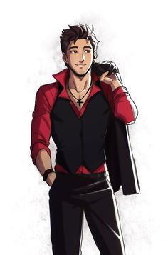 a drawing of a man in red shirt and black pants with his hands on his hips