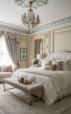 a large white bed sitting in a bedroom next to a chandelier and window