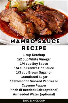 the menu for mambo sauce recipe is shown in black and white, with an image of meat on it