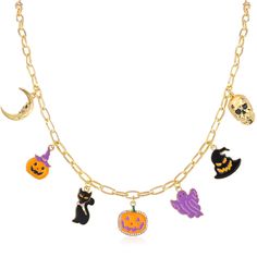 PRICES MAY VARY. 🎃Intricate Halloween-Themed Charms🎃: This Halloween Charm Necklace is a delightful blend of festive symbols, perfect for the Halloween season. The Halloween charm necklace features a variety of detailed charms, including a golden crescent moon, a whimsical purple pumpkin lantern with a hat, a mischievous black cat, a classic pumpkin lantern surrounded by a circle of sparkling white stones, a playful purple ghost, a ghost wearing a black hat, and a spooky skull. Each charm is c Halloween Themed Black Necklace, Gothic Halloween Necklace With Lobster Clasp, Black Themed Necklace For Halloween, Themed Black Necklace For Halloween, Gothic Necklaces For Halloween Costume Party, Halloween Themed Jewelry For Costume Party, Themed Jewelry For Halloween Costume Party, Spooky Halloween Party Jewelry, Novelty Halloween Party Necklaces