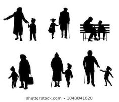 silhouettes of people and children in different poses on a bench, walking or sitting