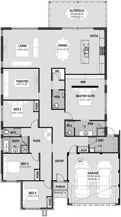 the floor plan for a three bedroom house with two car garages and an attached living area