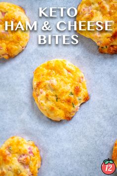 keto ham and cheese bites on a baking sheet with text overlay that reads keto ham and cheese bites