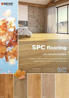 an advertisement for wood flooring with fall colors and designs