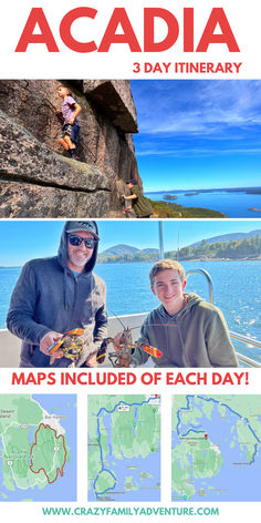 Picture of kids hiking on the side of a mountain, picture of dad and son holding lobsters, picture of 3 maps of Acadia National Park. Text reads: Acadia 3 Day Itinerary 2 Days In Acadia National Park, Maine Itinerary Road Trips, Maine Acadia National Park, Acadia With Kids, Acadia National Park With Kids, Acadia National Park Itinerary, Acadia Itinerary, Acadia Hikes, Maine Camping