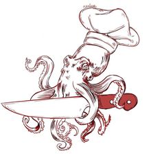 an octopus with a chef's hat on its head and a knife in his hand