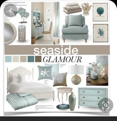 the cover of seaside glamour is shown in blue and white colors, including an ocean themed bed