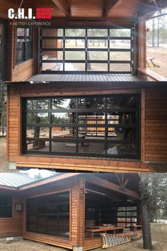 two pictures of the inside and outside of a wooden house with metal doors on each side