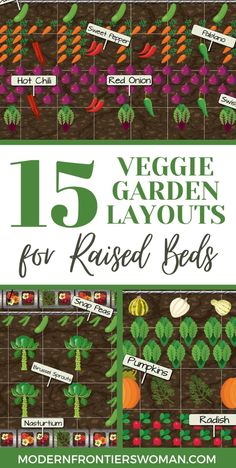 vegetable garden layouts for raised beds with text overlay that reads 15 veggie garden layouts for raised beds