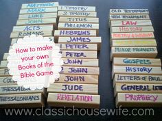 wooden blocks with names and words on them that say how to make your own books of the bible