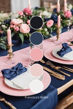 the table is set with pink, blue and white place settings for an elegant wedding