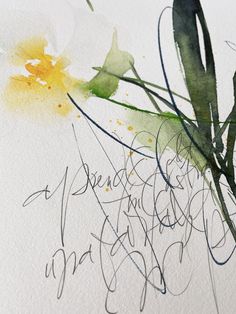 a watercolor painting with flowers and writing on it