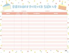 birthday potluck sign up sheet with cake and candles on the top, in pastel colors