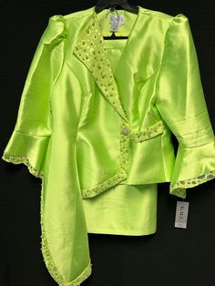 Beautiful 2 pieces Jacket and Skirt  Lime Green Size 22 Long sleeves  Symetrical cut Jacket 2 Piece Suit, Dress Clothes For Women, Lime Green, Dress Outfits, Bathing Beauties, Long Sleeves, Womens Dresses, Skirt, Music Clothes