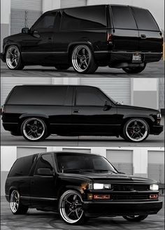 three different views of a black van with chrome rims