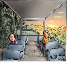 an image of people sitting in seats on a bus with mountains in the back ground