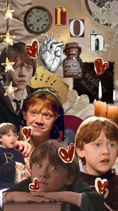 collage of harry potter images with candles and other things in the background, including hearts